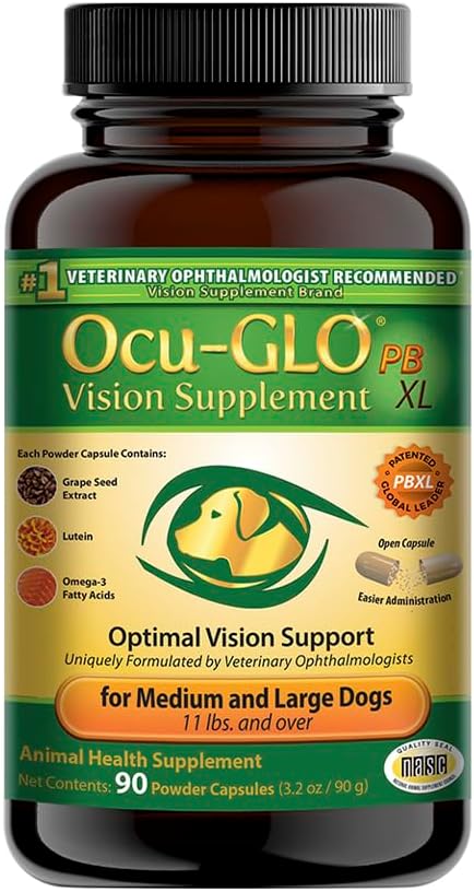 Supplément de vision Ocu-GLO PB pour chiens moyens et grands – Facile à administrer mélange de poudre avec lutéine, acides gras oméga-3, extrait de graines de raisin et antioxydants pour promouvoir la santé des yeux, capsules de poudre 90ct