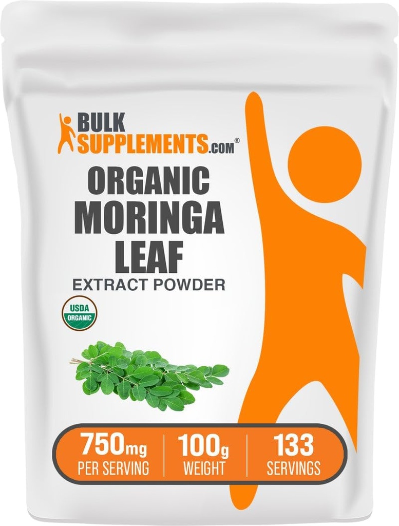 BulkSupplements.com Poudre d'extrait de moringa biologique - Supplément super-alimentaire, de Moringa Oleifera - Vegan & Gluten Free, 750mg par portion, 100g (3.5 oz) (paquet de 1)