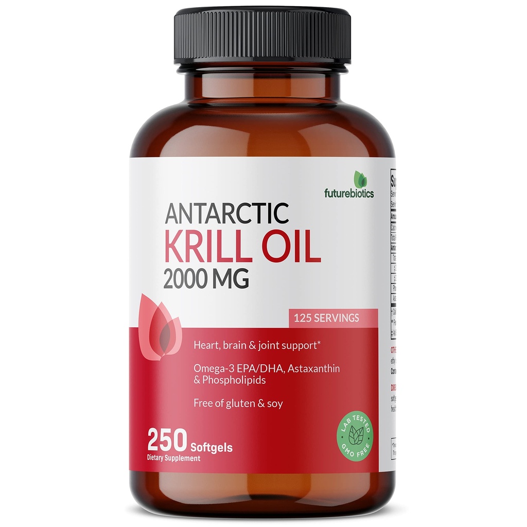 Futuresbiotiques Huile de krill antarctique 2000mg avec Astaxanthin, Omega-3s EPA, DHA et Phospholipides - 100% Pure Premium Huile de krill métal lourd testé, non OGM – 250 Softgels