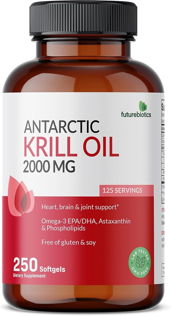 Futuresbiotiques Huile de krill antarctique 2000mg avec Astaxanthin, Omega-3s EPA, DHA et Phospholipides - 100% Pure Premium Huile de krill métal lourd testé, non OGM – 250 Softgels