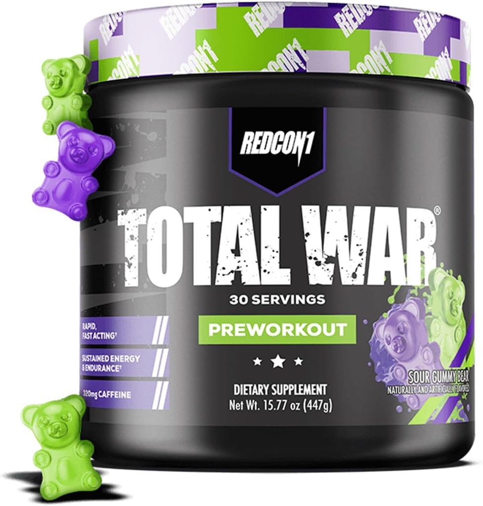 REDCON1 Pré-entraînement de guerre total, l'ours gommy aigre - Contient 320mg de caféine de thé vert, Juniper et Beta Alanine - Pré-travailler avec des acides aminés pour augmenter la pompe, l'énergie + l'endurance (30servis)
