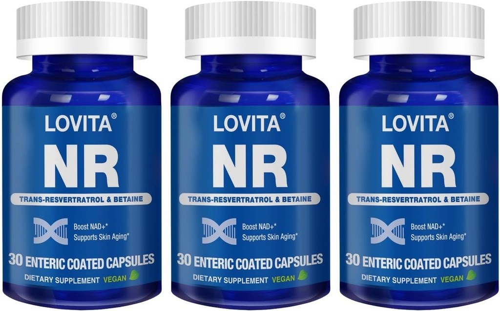 Lovita NR (Nicotinamide Riboside) 350 mg, supplément NAD avec trans-résvératrol et bêtaine, promouvoir les niveaux NAD Plus, le vieillissement en santé, 30 capsules entériques véganes (paquet de 3)