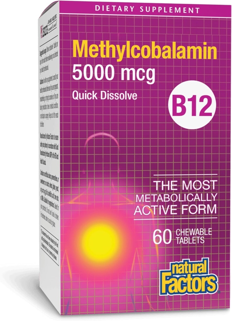 Facteurs naturels, Vitamine B12 méthylcobalamine 5000 mcg, Soutien à la consommation pour l'énergie et la santé immunitaire, Végétarien, 60 comprimés (60 portions)