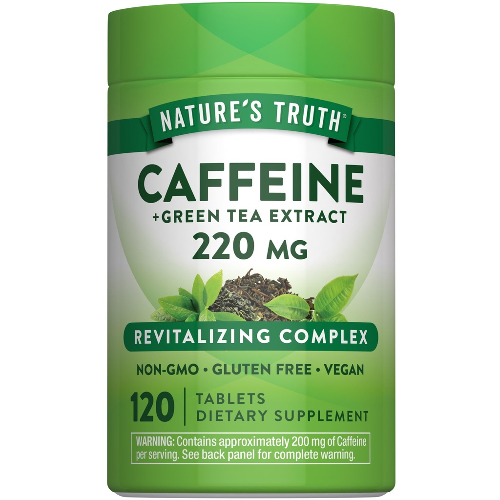 La vérité de la nature Pilules de caféine $ 220mg $ 120 Comte $ Avec extrait de thé vert $ Vegan, sans OGM et supplément sans gluten