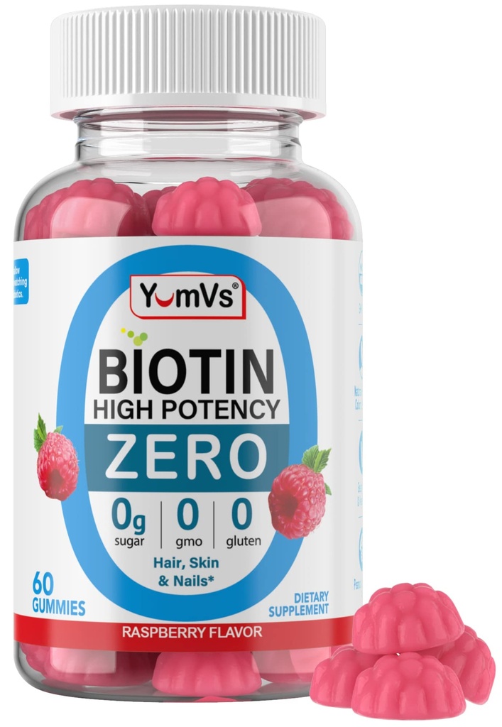 Biotine Gommies Sans sucre – 5 000 mcg Biotine haute puissance pour les cheveux, la peau et les ongles – Zéro sucre, non-OGM, sans gluten, Gommies de framboise végétalienne – 60 Compte