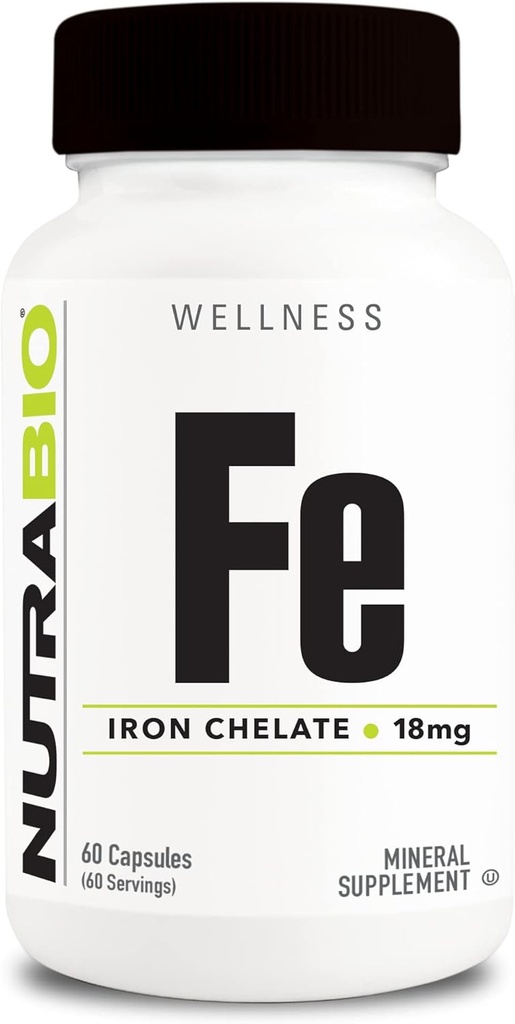 NutraBio chélate de fer (18mg)- Suppléments de fer pour les hommes et les femmes- Chélalate de bisglycin ferreux, soutient la santé des globules rouges, 60 capsules