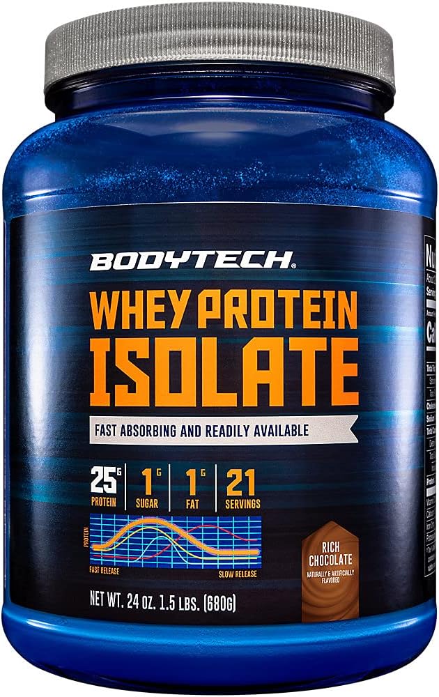 BODYTECH Whey Protein Isolate Powder - 25 grammes de protéines par portion, idéal pour la construction et la croissance musculaires après l'entraînement, riche saveur de chocolat, contient du lait et du soja (1,5 livre/ 21 portions)