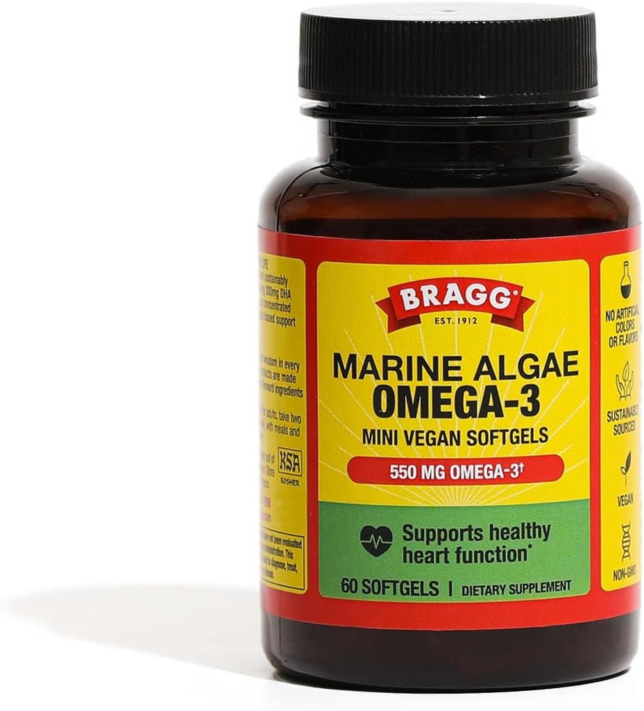 Bragg Omega-3 Supplement Capsules with DHA and EPA - 60 Vegan Softgels - Sustainably-Sourced Marine Algae - Supports Eye and Brain Health