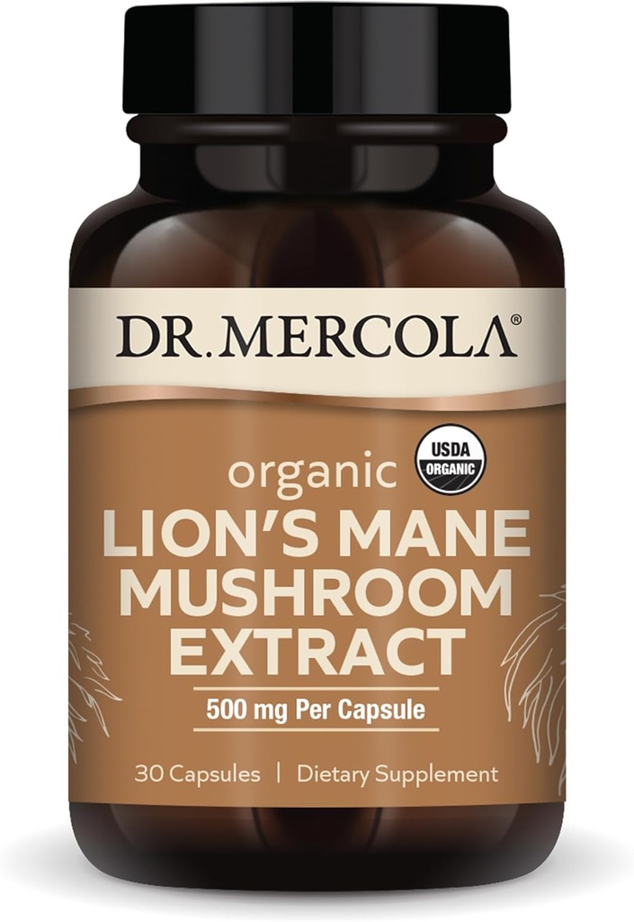Dr. Mercola Extrait de champignons de la Mane du Lion biologique, 30 capsules 500 mg Mane du Lion biologique, non-OGM, sans gluten, sans soja