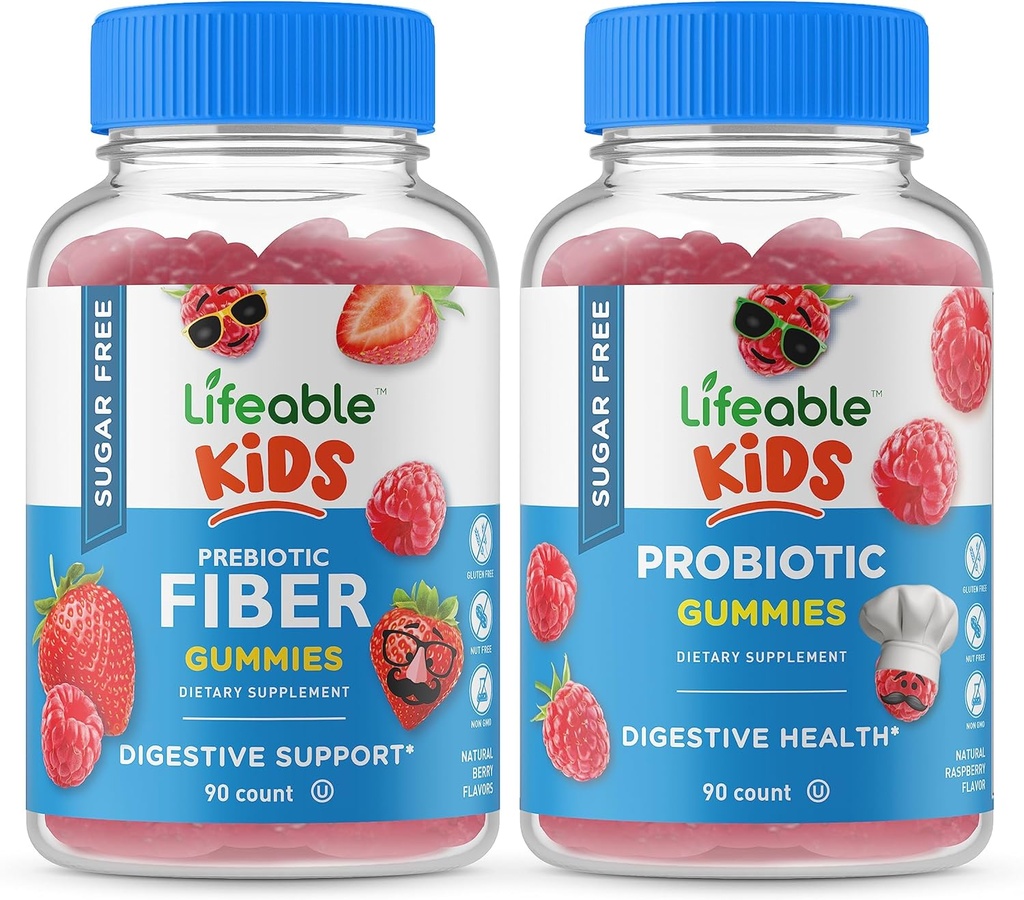 Fibre préciotique vivace sans sucre Enfants + Probiotique + Fibre prébiotique Enfants, Gummies Bundle - Grande dégustation, supplément de vitamine, sans gluten, sans OGM, Gummy à croquer