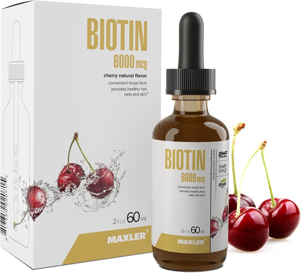 Les gouttes de biotine liquide Maxler - Vitamines de biotine végétalienne pour la peau et les ongles des cheveux - Supplément de biotine pour le métabolisme des glucides, protéines et graisses - 6000mcg de biotine liquide par portion - Saveur de cerise