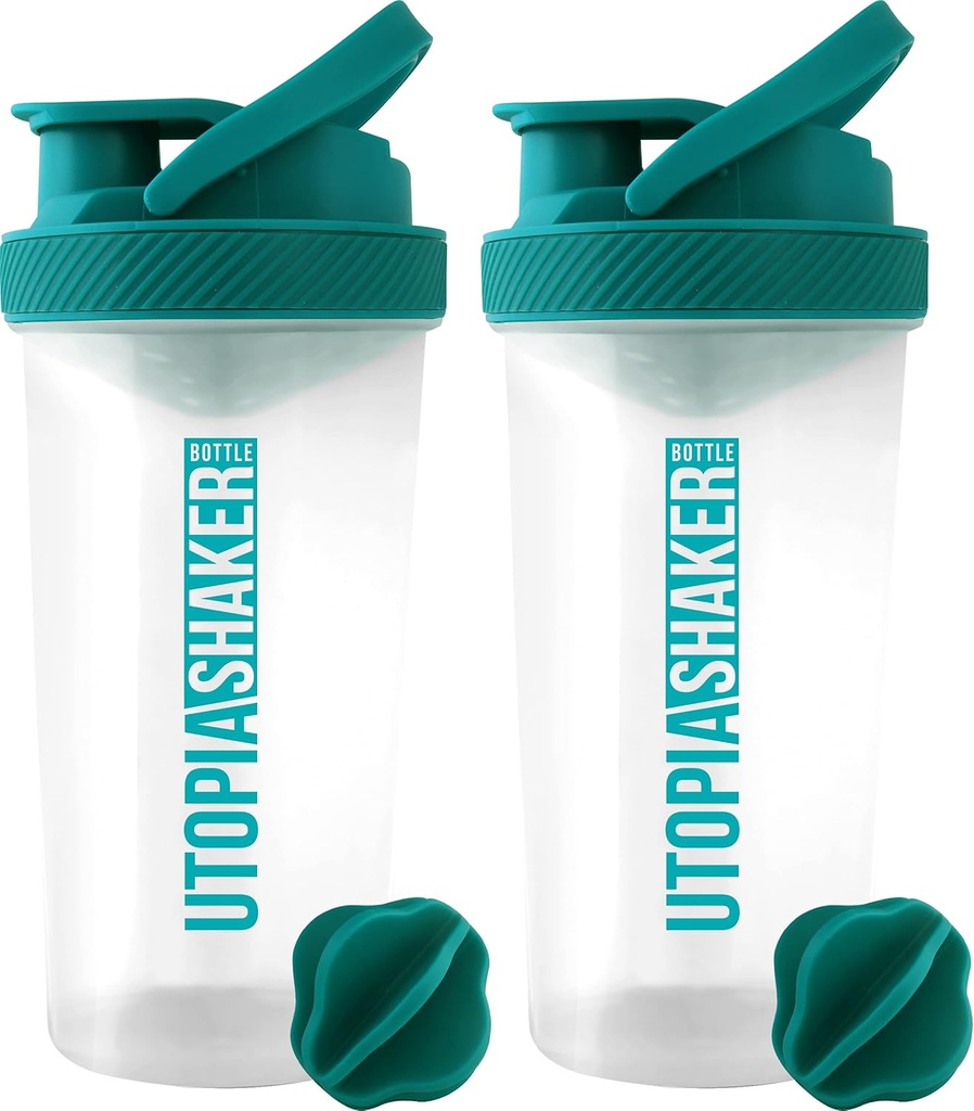 Utopia Accueil Bouteille de Shaker Protein - (Pack of 2) Bouteille de Shaker 28-Ounce pour mélanges de protéines - Fitness Sports Classic Bouteille de Shaker Protein Mixer (Clear/Teal)