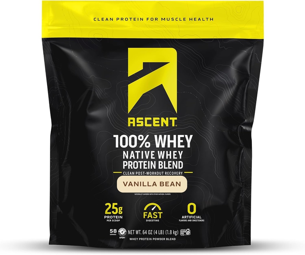 Ascent 100% Whey, Native Whey Protein Blend - Clean Post Workout Recovery, Digesting, Zéro arômes et édulcorants artificiels, sans gluten, 5,5g BCAA, 2,6g Leucine, Vanilla Bean 4 lb.