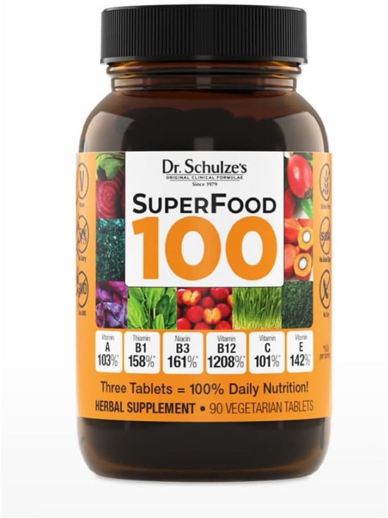 Superfood de Dr Schulze 100 - Supplément quotidien pour soutenir le bien-être général - Mutivatamine Soutien à la nutrition cellulaire et à l'énergie - Ingrédients propres - Sans gluten et sans lait - 90 Nombre