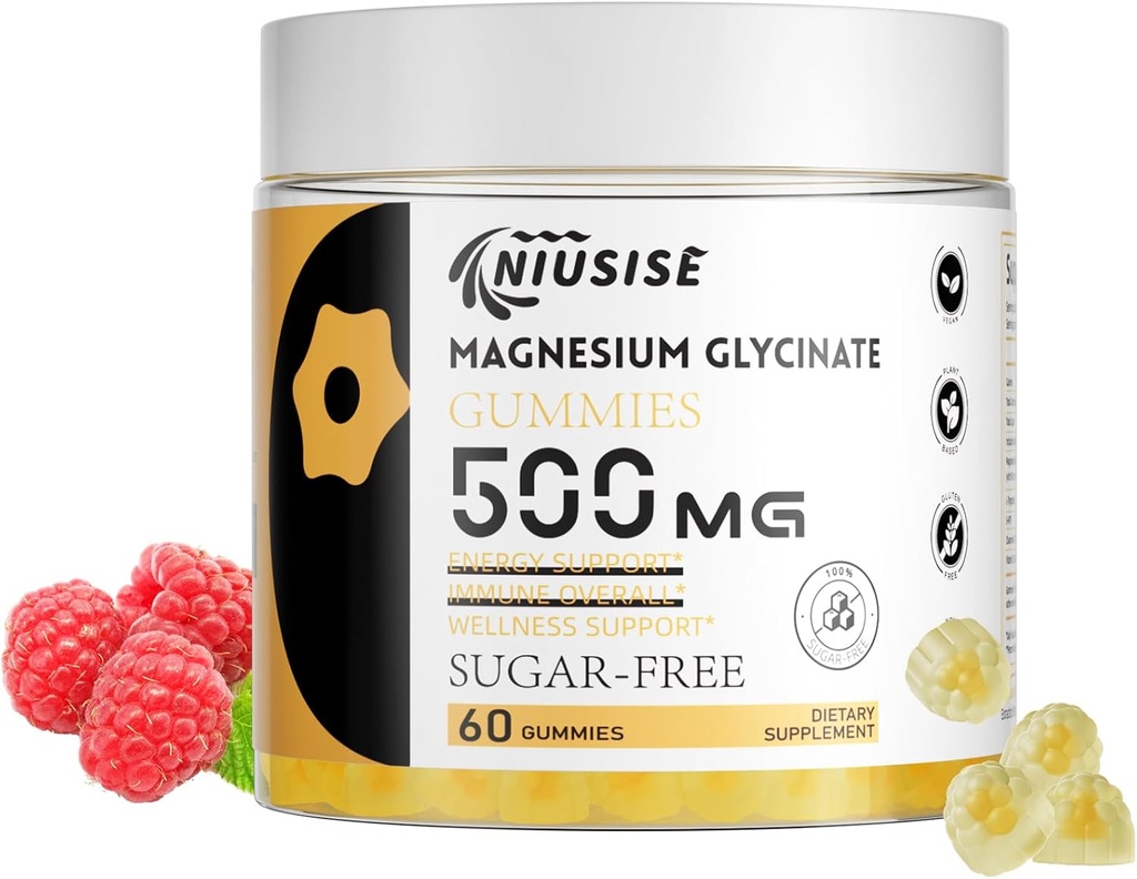 Glycinat de magnésium Gommies 500mg, Gommies sans sucre avec L-Tryptophane 500mg - Supplément Gommies de magnésium Gommies à croquer pour les femmes et les hommes Vegan, Gommies organiques 60 Compte
