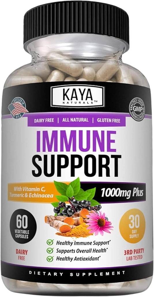 Kaya Naturals Elderberry Immune Support, Elderberry avec du zinc et de la vitamine C pour les adultes Vitamines, probiotiques et curcuma 1000mg Impune System Booster Sambucus Capsules - 60 Compte