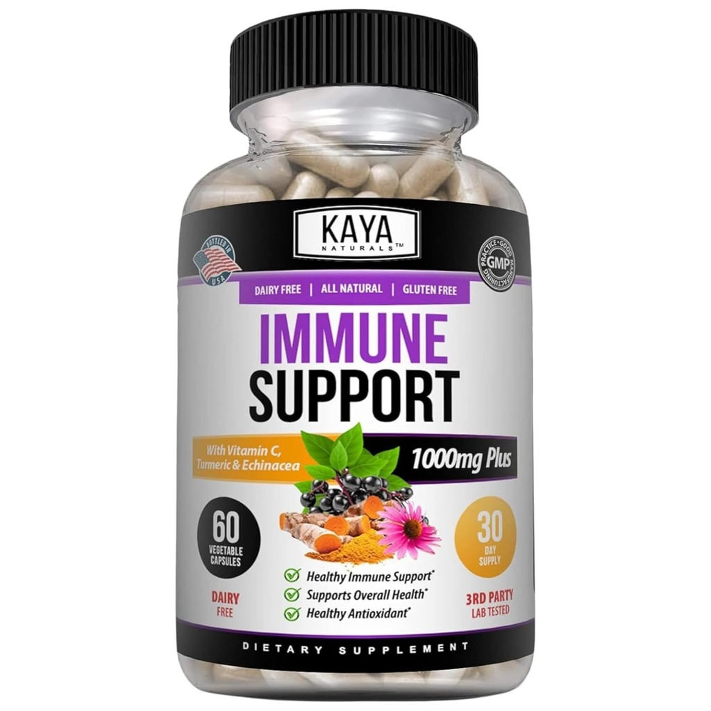 Kaya Naturals Elderberry Immune Support, Elderberry avec du zinc et de la vitamine C pour les adultes Vitamines, probiotiques et curcuma 1000mg Impune System Booster Sambucus Capsules - 60 Compte