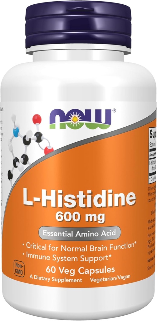 MAINTENANT Suppléments, L-Histidine 600 mg, acide amino essentiel, critique pour la fonction normale du cerveau*, support du système immunitaire*, 60 gélules