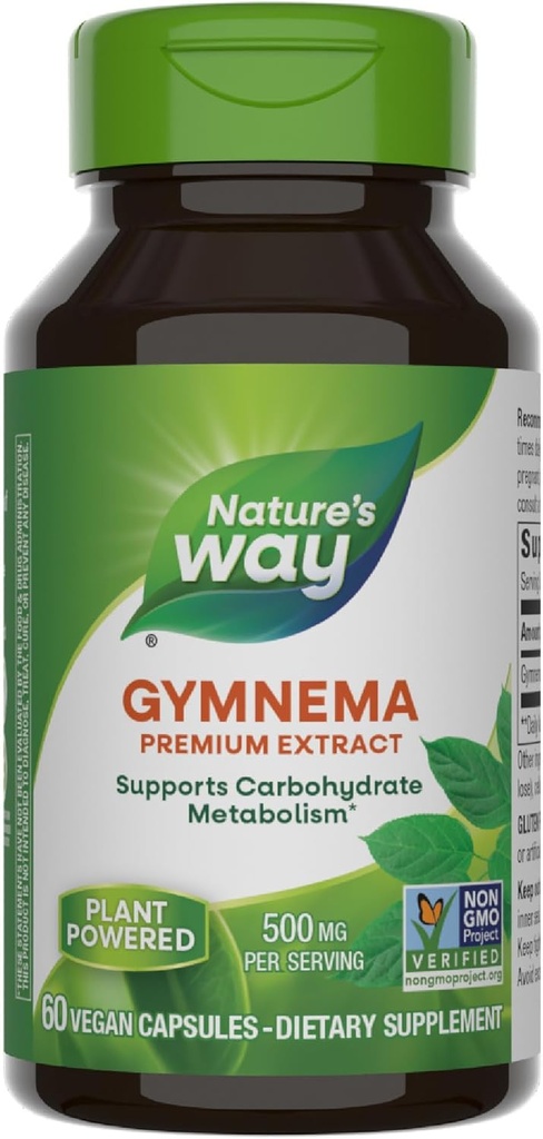 Nature's Way Gymnema Premium Extract, supporte le métabolisme des glucides*, 500 mg par portion, projet non-OGM vérifié, 60 capsules végétales (paquetage mai vary)