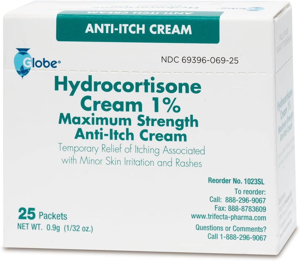 Globe (Boîte 25 Hydrocortisone 1% crème de force maximale, (0.9g Packet) Crème anti-démangeaison pour rougeur, gonflement, démangeaisons, rash, Bug Bites, Eczéma, More