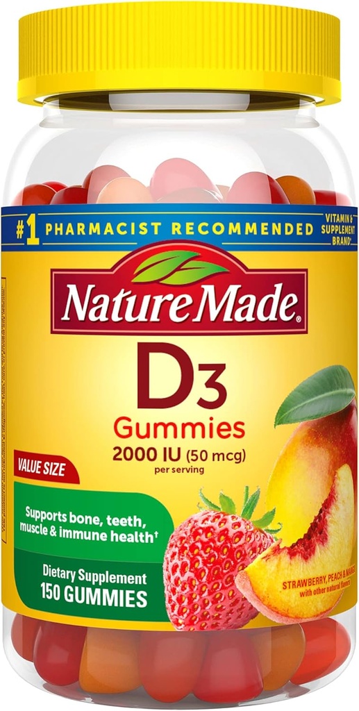 Nature faite de vitamine D3, 150 Gummies, vitamine D 2000 UI (50 mcg), vitamine D Gummies pour les adultes aide à soutenir la santé immunitaire, les os et les dents forts, et la fonction musculaire, 250 % de la valeur quotidienne de la vitamine D