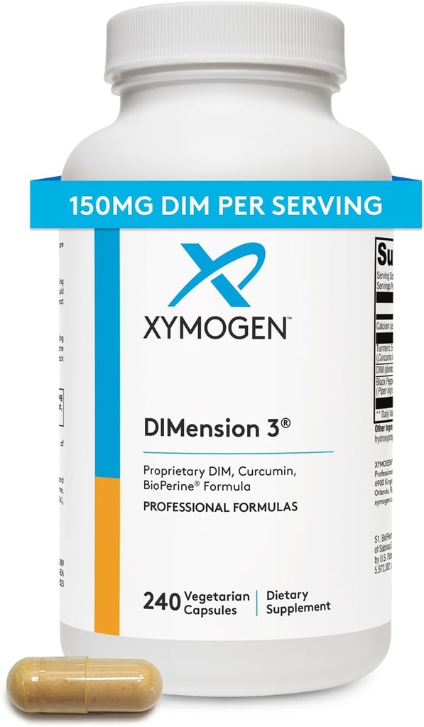 XYMOGEN Dimension 3 - Supplément Diindolylméthane DIM avec Curcumine + BioPerine - Soutient la désintoxication des Estrogènes, l'équilibre hormonal pour les femmes et les hommes - Ménopause Relief + SPM Support (240 capsules)