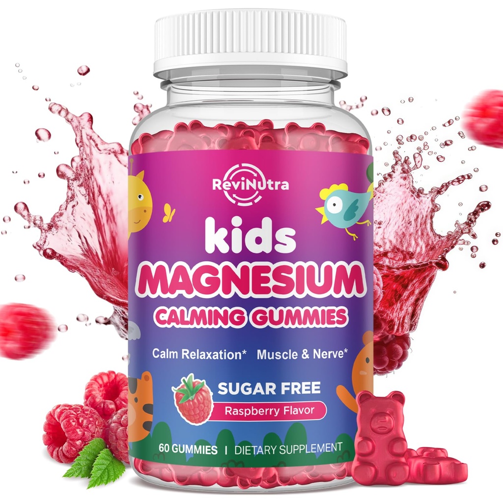 Gommies de magnésium pour enfants, Glycinat de magnésium pour enfants et adultes avec L-Theanine, Camomille, réglisse, vitamine D, B6 pour le sommeil, relaxation, cerveau et muscles, framboise sans sucre 60ct