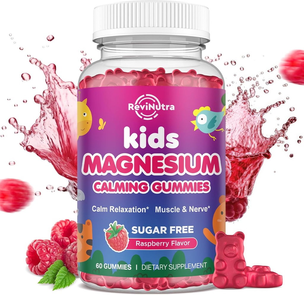 Gommies de magnésium pour enfants, Glycinat de magnésium pour enfants et adultes avec L-Theanine, Camomille, réglisse, vitamine D, B6 pour le sommeil, relaxation, cerveau et muscles, framboise sans sucre 60ct