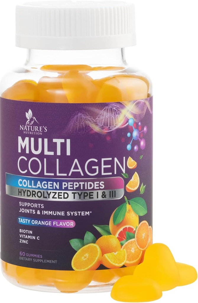 Collagen Peptides Gummies with 2500 mcg Biotin - Hydrolyzed Protein Type I & III Multi Collagen Supplement with Vitamin C & Zinc - Support for Hair, Skin, Nails, Tasty Orange Flavor - 60 Gummies