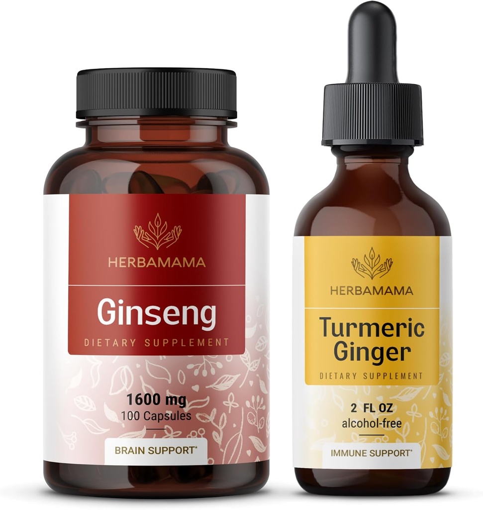 Kit HERBAMAMA Ginseng rouge coréen et gingembre curcuma - Ensemble de capsules de ginseng panax coréennes et gouttes liquides de gingembre curcuma - végétalien, non-OGM, sans sucre et sans alcool - 2 packs