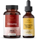 Kit HERBAMAMA Ginseng rouge coréen et gingembre curcuma - Ensemble de capsules de ginseng panax coréennes et gouttes liquides de gingembre curcuma - végétalien, non-OGM, sans sucre et sans alcool - 2 packs