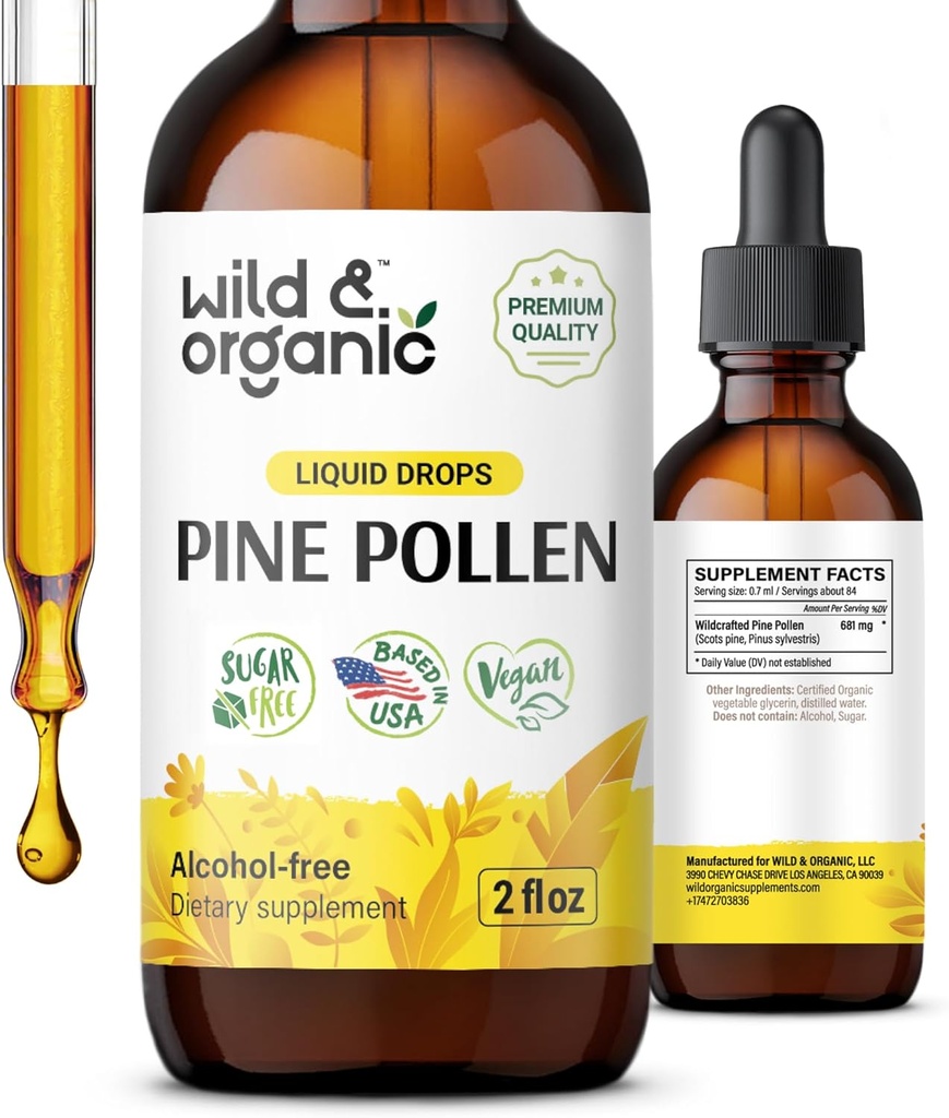 Teinture de pollen de pin sauvage et biologique - Support antioxydant et immunitaire - Gouttes d'extrait de pollen de pin - Vegan, sucre et supplément liquide sans alcool - 2 fl oz