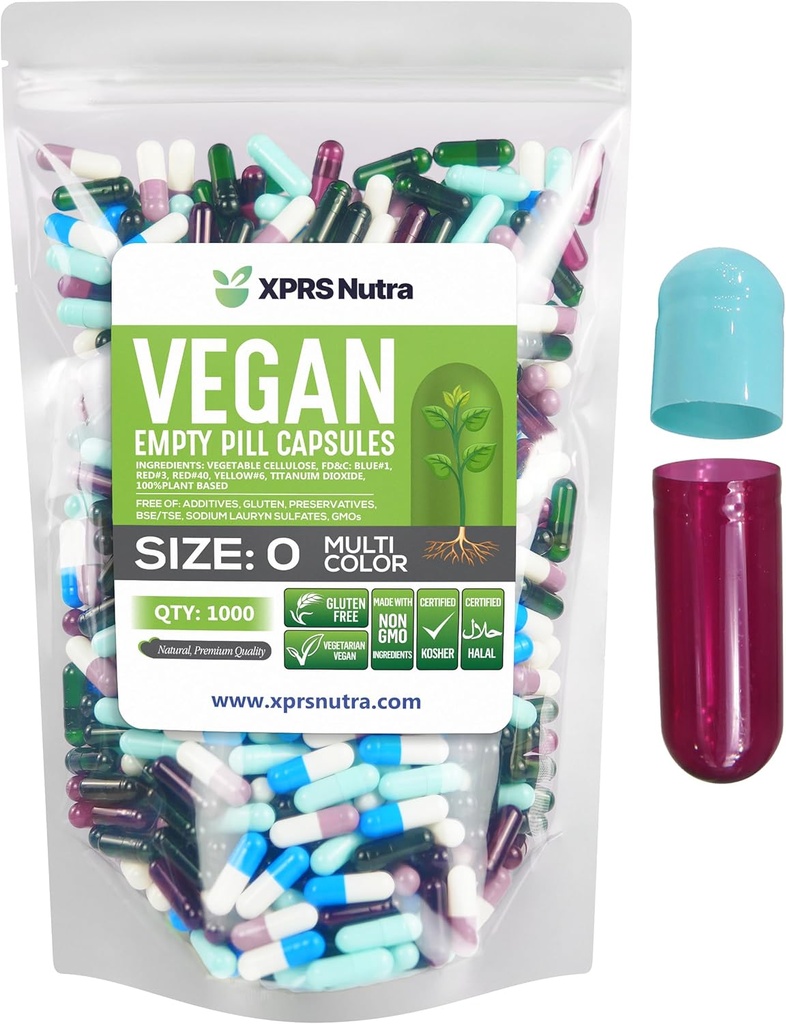 XPRS Nutra Size 0 Empty Capsules - 1000 Count Empty Vegan Capsules - Vegetarian Pills- DIY Vegetable Capsule Filling- Veggie Pill Caps for Do-It-Yourself Supplements (Multi Color)