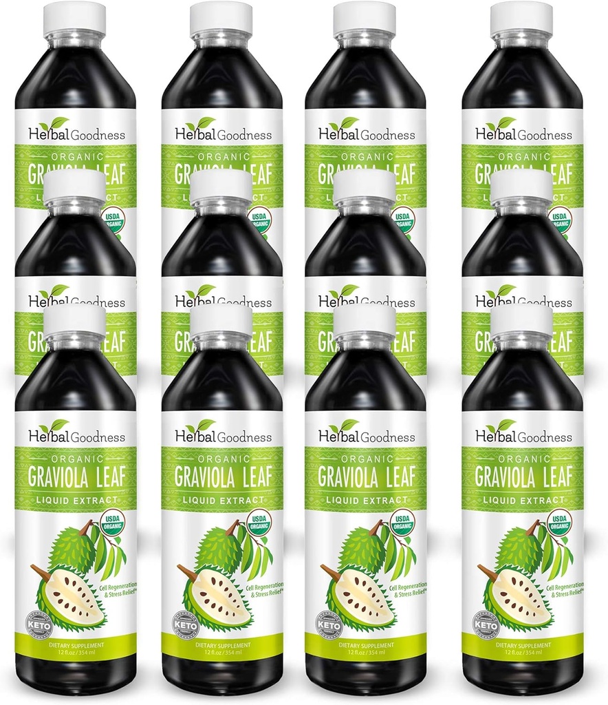 Herbal Goodness Graviola Leaf Extract 15X Strength - Sourop (Guanabana) Leaves Liquid USDA Organic Non-GMO Kosher Cell Support & Regeneration & Stress Relief Imune Boost 12(12oz) btls