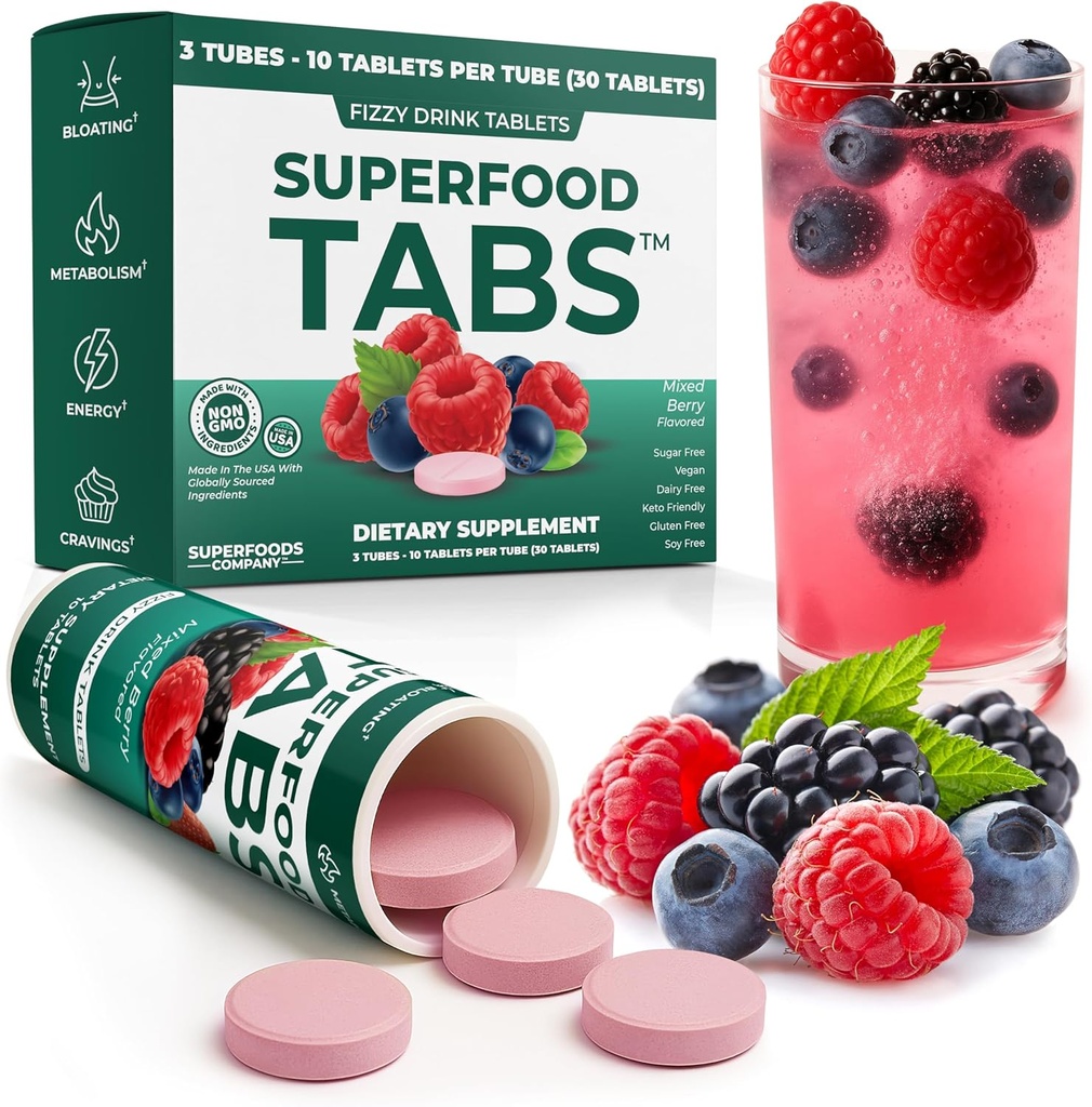 Superfood Tabs Superfoods Company Detox Cleanse Drink - Supplément pour les femmes et les hommes- Soutenir Poids santé- Améliorer la santé digestive et le soulagement du bluff - Mélange de saveur de baie [30 comprimés]