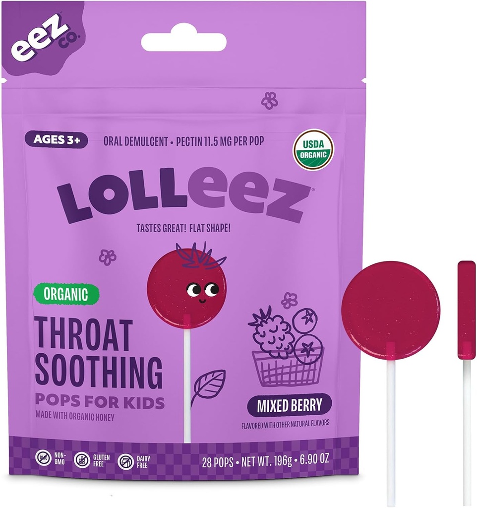 Lollez Lollipops bio pour les enfants Gorge sèche, Berry mixte parfait pour apaiser une Gorge douloureuse tout en goûtant grand, mélange de saveur de baie, 28 comte