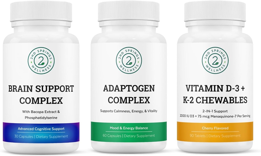 Vitality & Mind Wellness Trio Bundle - Complexe de soutien au cerveau, complexe adaptogène et vitamine D3+K2