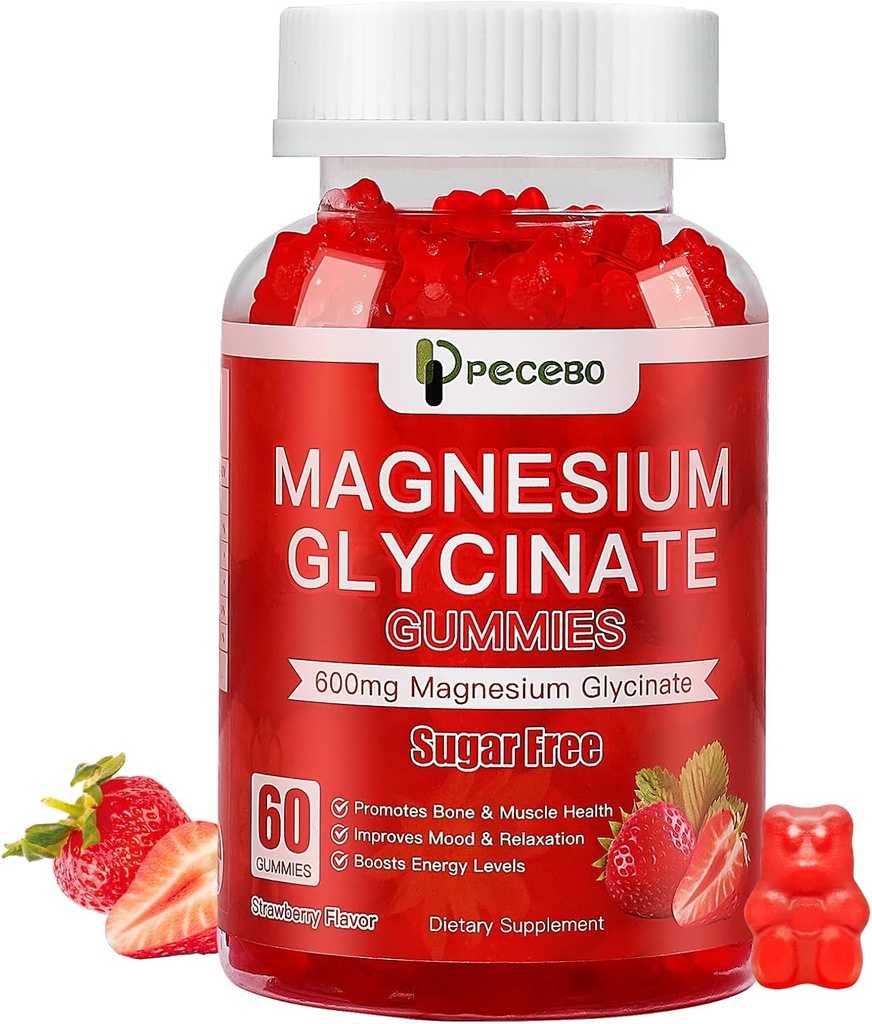 Glycinat de magnésium 600mg, Gommies de magnésium sans sucre pour adultes, supplément de magnésium d'absorption élevée pour le stress et le soulagement musculaire et la santé nerveuse, non-OGM, sans gluten, végétalien, compte 60