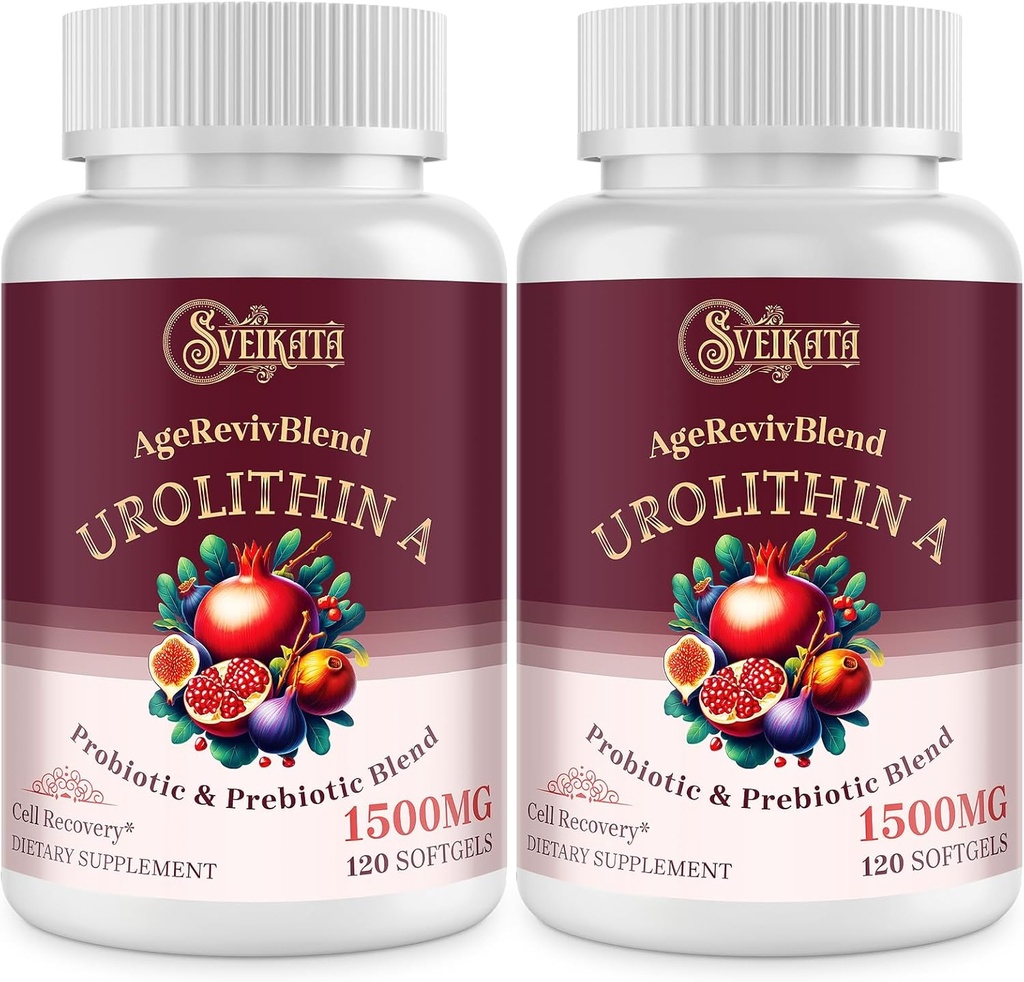 Urolithine Un supplément de 1500mg – Formule d'urolithine avancée avec complexe probiotique et prébiotique et extrait de grenade 30% – pour énergie, mitochondrial et antioxydants – 120 Softgels (2 bouteilles)