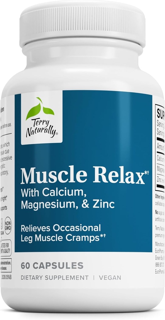 Terry Naturally Muscle Relax - Supplément pour soutenir le système nerveux, la relaxation musculaire et le sommeil - Supplément relaxant musculaire avec calcium, magnésium et zinc - Aide à la santé respiratoire - 60 capsules