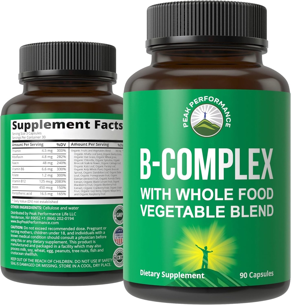 Vitamine B Capsules complexes + Mélange d'aliments entiers de 25 légumes et fruits pour l'absorption maximale. Meilleur supplément de complexe B végétalien avec vitamine B1, B2, B3, B5, B6, B7, B9 et B12. 90 Capsules. Renforcement énergétique