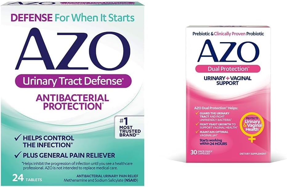 AZO Urinary Tract Defense Antibactérienne Protection, aide à contrôler une UTI jusqu'à ce que vous puissiez voir un médecin 24 comte + double protection, urinaire + soutien vaginal*, prébiotique Plus probiotique, 30 comte