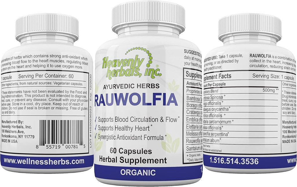 Rauwolfia Capsules, complément à base de plantes biologiques – Rauwolfia Serpentina Blend – Ayurvedic Herb & Natural Remedy – Soutien et flux de circulation sanguine – Santé cardiovasculaire naturelle - 60 Ct