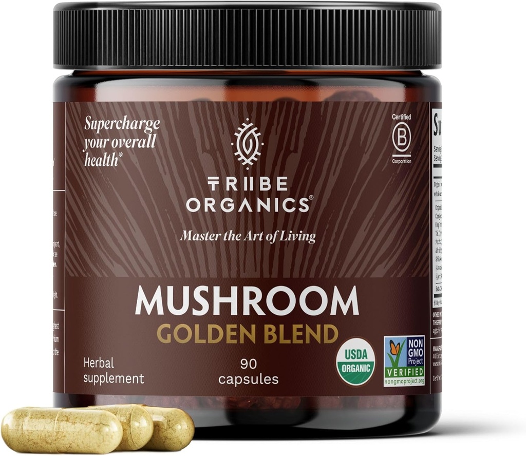 TRIBE ORGANICS Champignon Golden Blend Capsules Vegan Supplément - Champignons adaptogènes Poudre Imune Supplément de soutien - 10-en-1 Champignons pour le soutien immunitaire et la santé du cerveau - 90 Compte 30 portions