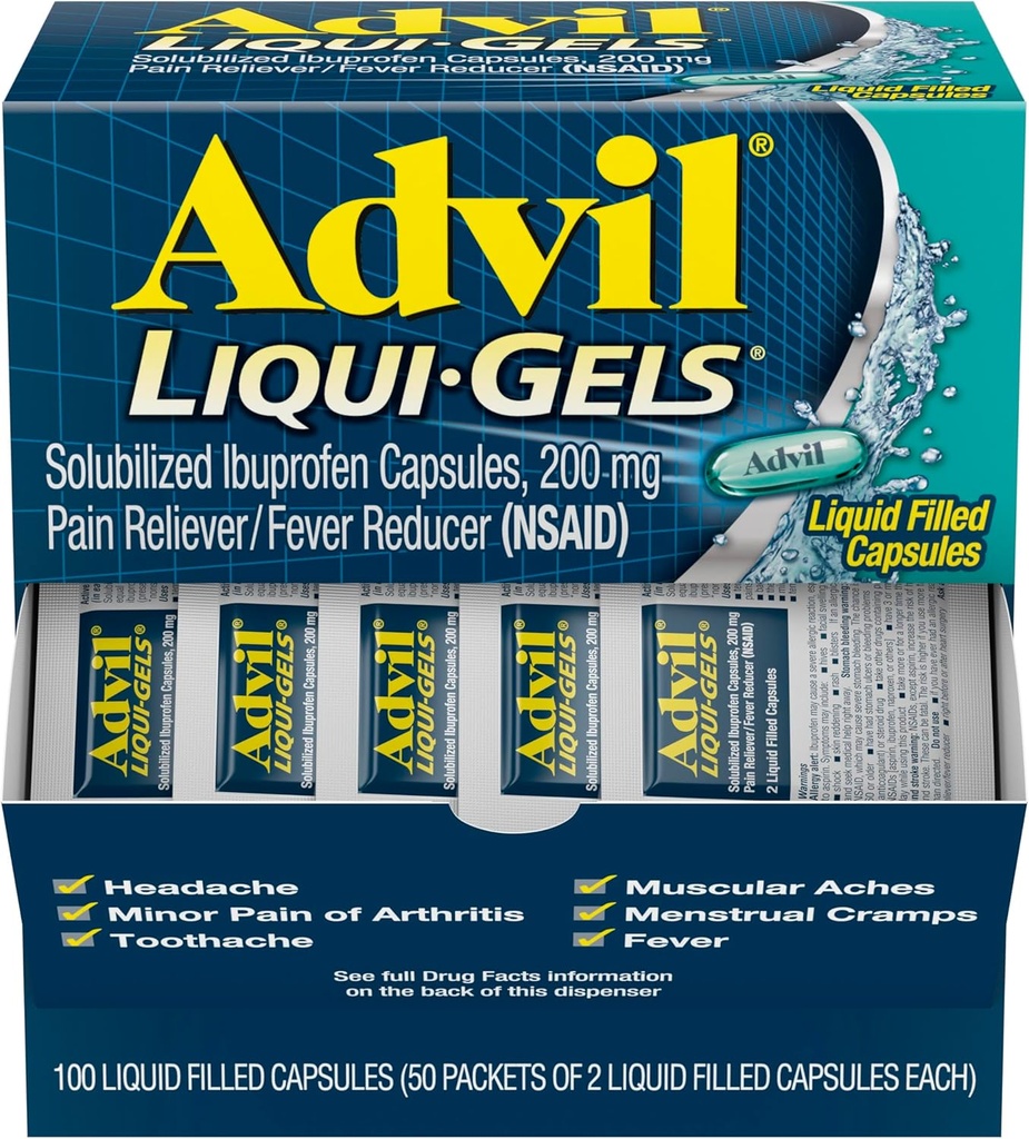 Advil Liqui-Gels analgésique et réducteur de fièvre, médicament pour la douleur pour adultes avec l'ibuprofène 200mg pour les maux de tête, les maux de dos, la douleur menstruelle et le soulagement de la douleur articulaire - 50x2 Capsules remplies liquide