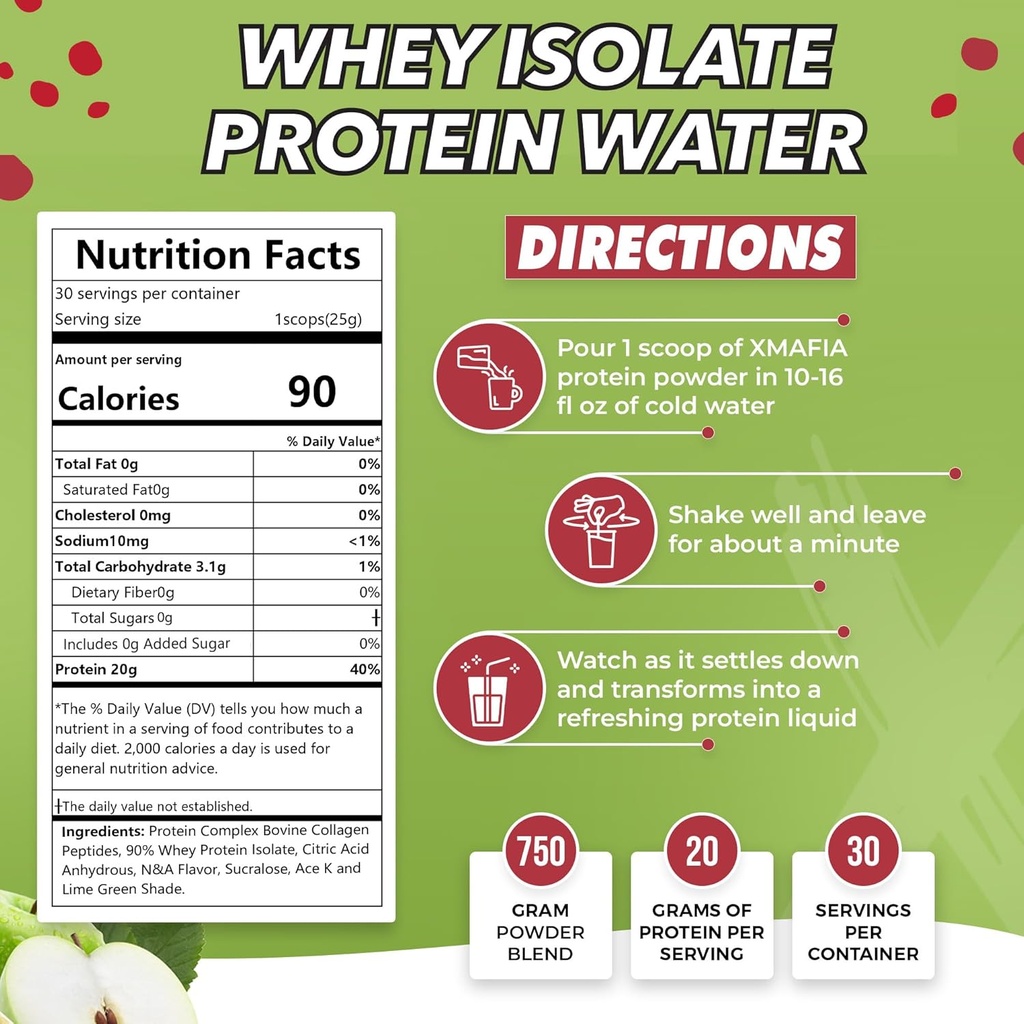 XMafia – Eau protéinée, poudre de protéines claires – 30 portions, 20g de protéines, 27 oz - Hydratant Whey Isolate - 0g de lactose, 0g de sucre, Keto-friendly - Pommes - Iso Juice Protein, post-entraînement