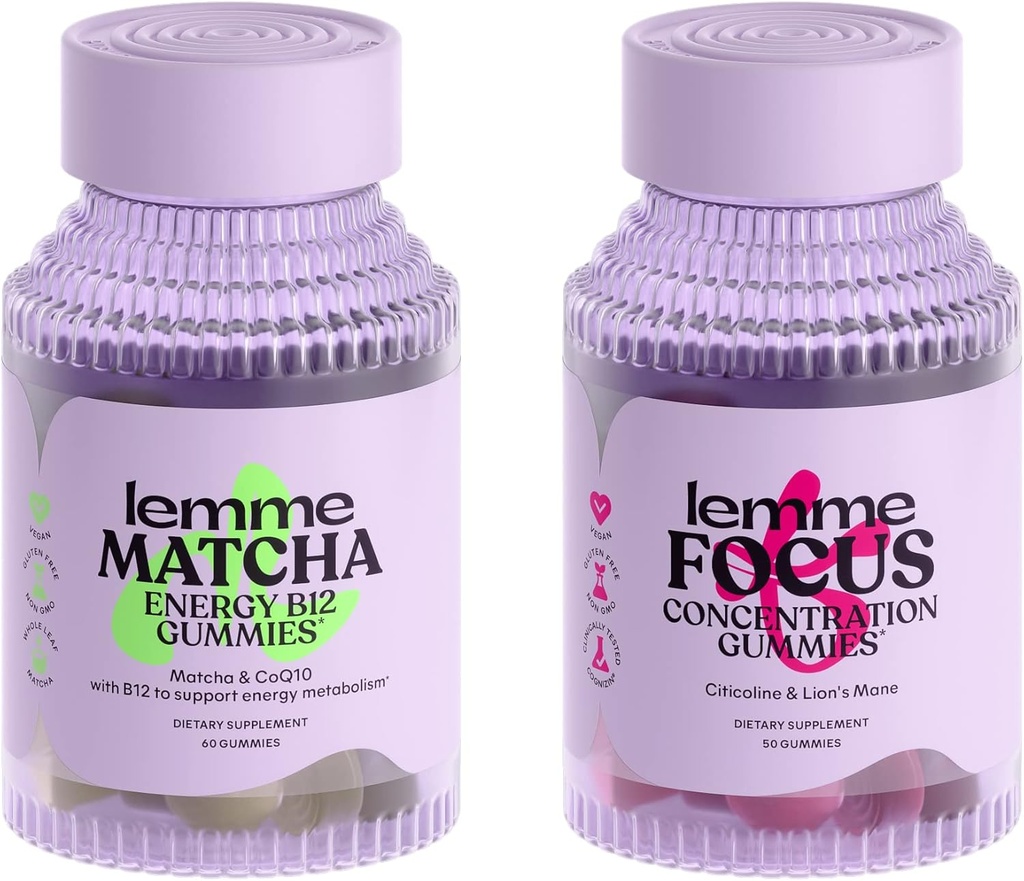 Lemme Matcha & Focus Bundle | Superfood Energy Gummies | B12, Green Tea + CoQ10 | Cognizin Citicoline | Focus & Brain Health | Gluten-Free | Variety Pack of 2