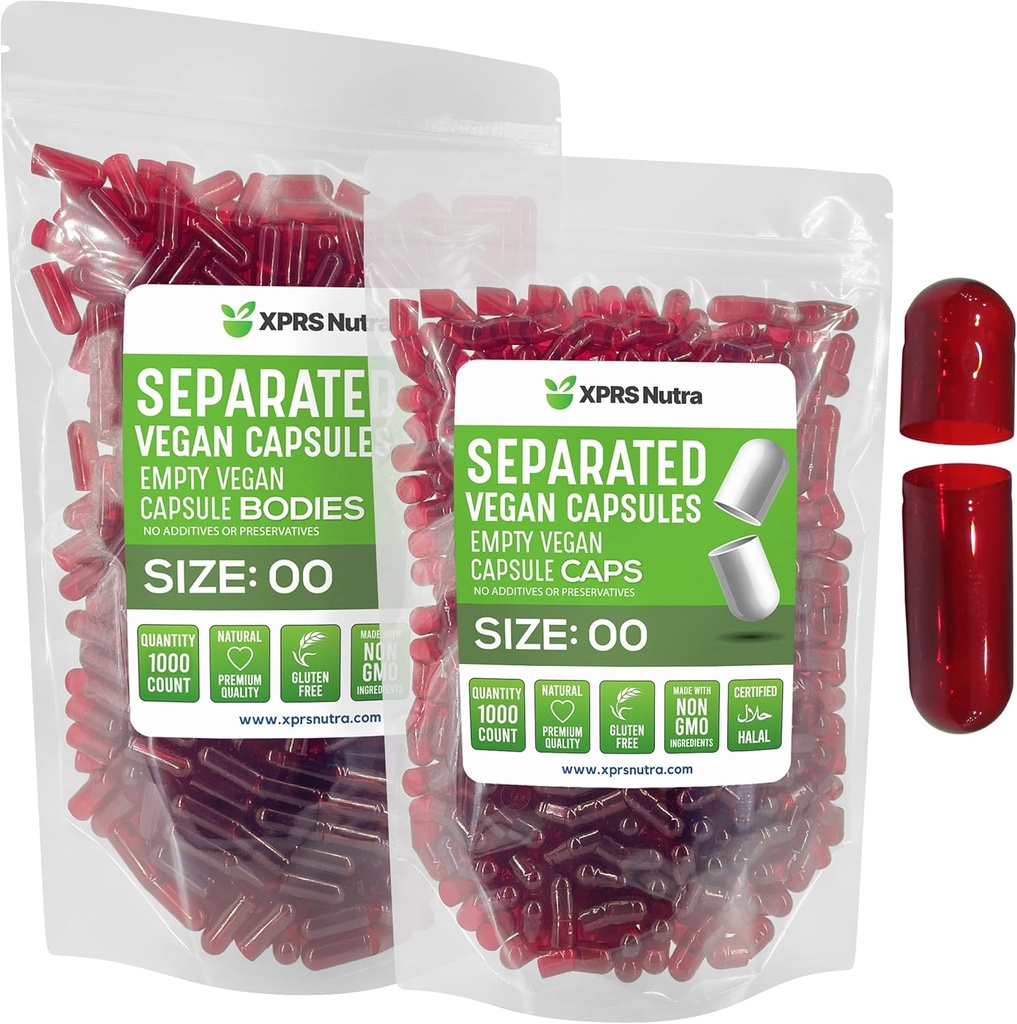 XPRS Nutra Vegan Taille 00 Capsules séparées - 1000 Compte Capsules vides Premium Séparées dans des sacs - 00 Pills vides pour le remplissage de supplément de bricolage (rouge clair)
