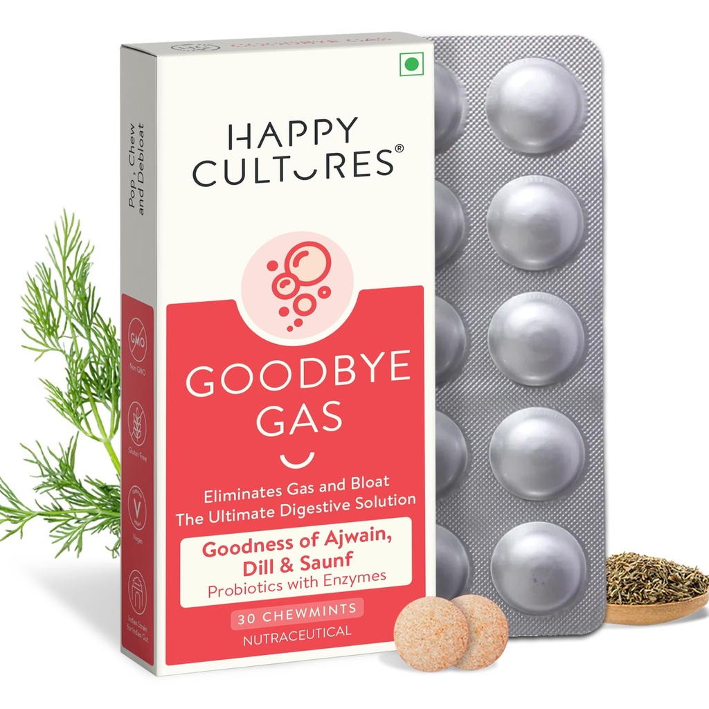 Bonnes Cultures Au revoir Gas, Capsules de soulagement de l'essence à croquer pour la santé digestive, Bloating et Indigestion avec Siméthicone 50mg - 30 Chewables
