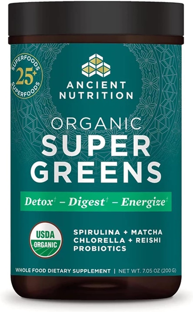 Poudre de Super Greens, poudre de Superfood biologique avec probiotiques fabriqués avec de la spiruline, Chlorella, Matcha et enzymes digestives, 25 portions, 7,05oz